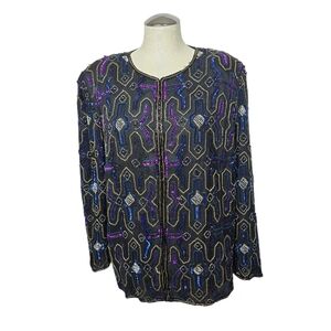 Stenay Woman Silk Beaded Hook Black Blue Yellow Purple Vintage Cardigan 1X